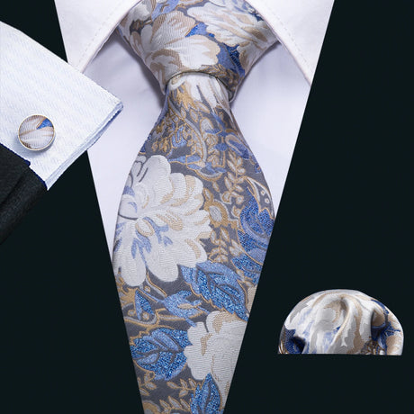 gold blue grey white flower pattern necktie set