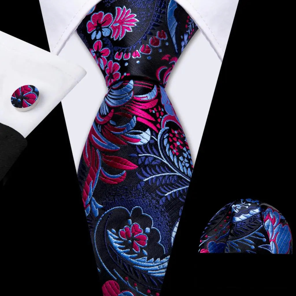red blue black flower pattern necktie set