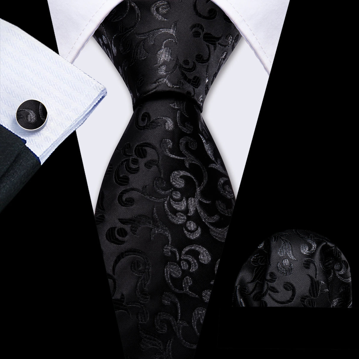 black flower pattern necktie set
