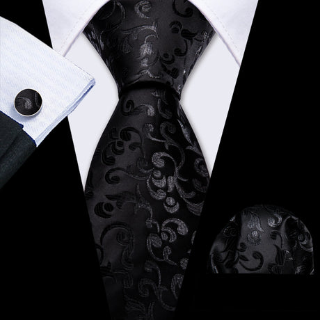 black flower pattern necktie set