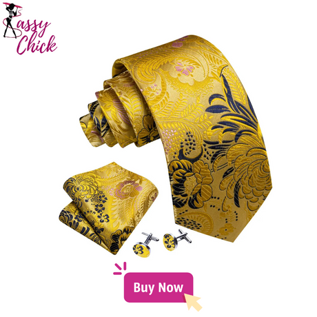 gold black flower pattern necktie set sassy chick logo