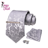 Sliver White Gray Hanky Cufflinks Tie clip Set 8cm Silk Neckties Sassy Chick Logo