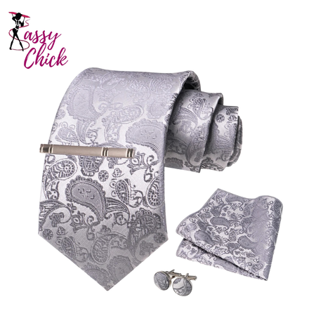 Sliver White Gray Hanky Cufflinks Tie clip Set 8cm Silk Neckties Sassy Chick Logo