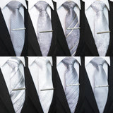 Collection of Sliver White Gray Hanky Cufflinks Tie clip Set 8cm Silk Neckties