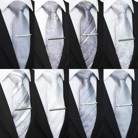 Collection of Sliver White Gray Hanky Cufflinks Tie clip Set 8cm Silk Neckties