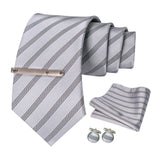 Sliver White Gray Hanky Cufflinks Tie clip Set 8cm Silk Neckties