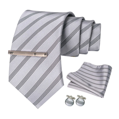 Sliver White Gray Hanky Cufflinks Tie clip Set 8cm Silk Neckties