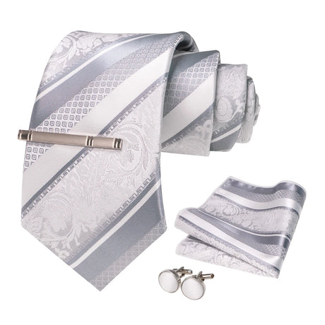 Sliver White Gray Hanky Cufflinks Tie clip Set 8cm Silk Neckties