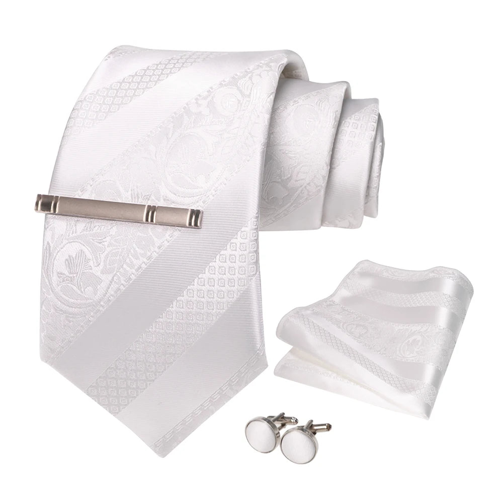 Sliver White Gray Hanky Cufflinks Tie clip Set 8cm Silk Neckties