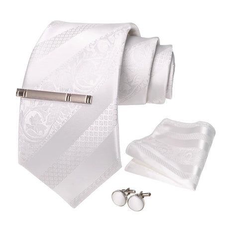 Sliver White Gray Hanky Cufflinks Tie clip Set 8cm Silk Neckties