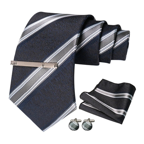 Sliver White Gray Hanky Cufflinks Tie clip Set 8cm Silk Neckties