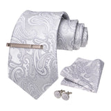 Sliver White Gray Hanky Cufflinks Tie clip Set 8cm Silk Neckties
