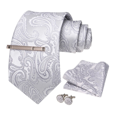 Sliver White Gray Hanky Cufflinks Tie clip Set 8cm Silk Neckties
