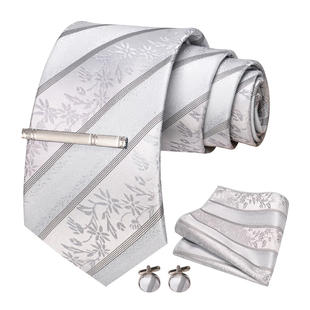 Sliver White Gray Hanky Cufflinks Tie clip Set 8cm Silk Neckties
