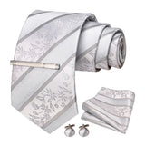 Sliver White Gray Hanky Cufflinks Tie clip Set 8cm Silk Neckties
