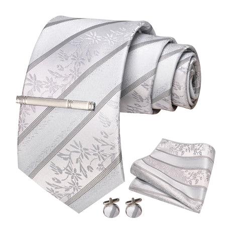 Sliver White Gray Hanky Cufflinks Tie clip Set 8cm Silk Neckties