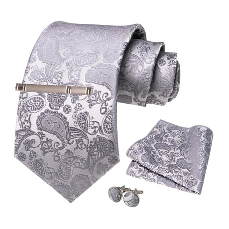 Sliver White Gray Hanky Cufflinks Tie clip Set 8cm Silk Neckties