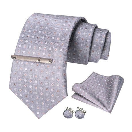 Sliver White Gray Hanky Cufflinks Tie clip Set 8cm Silk Neckties