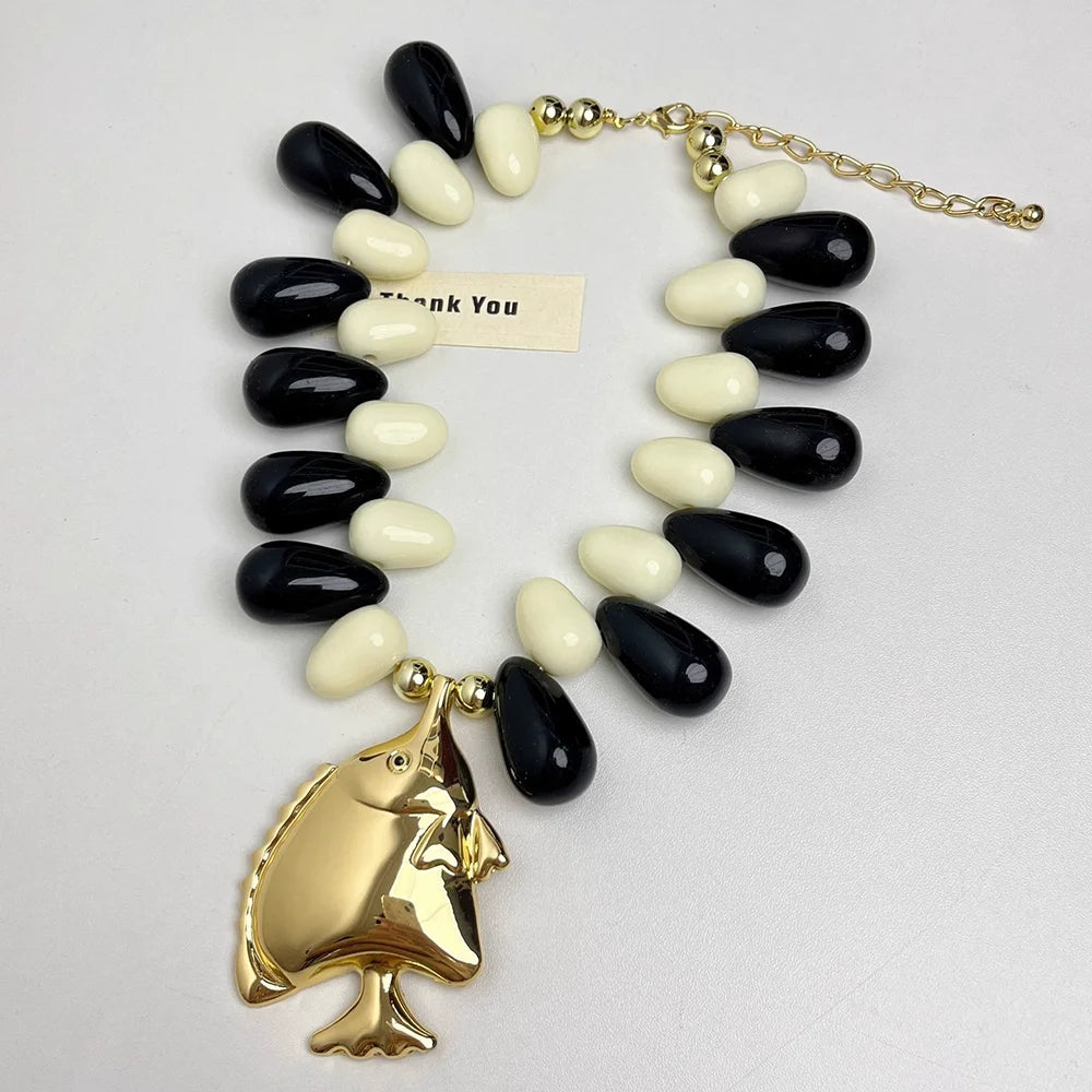 Black White Small Fish Pendant Beaded Necklace