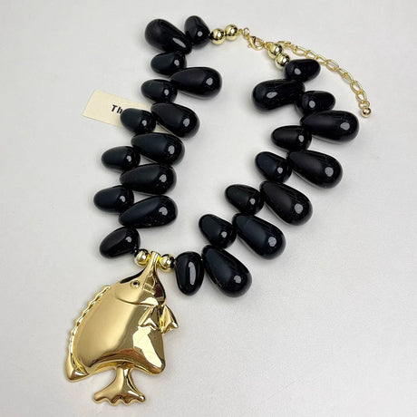 Black Small Fish Pendant Beaded Necklace