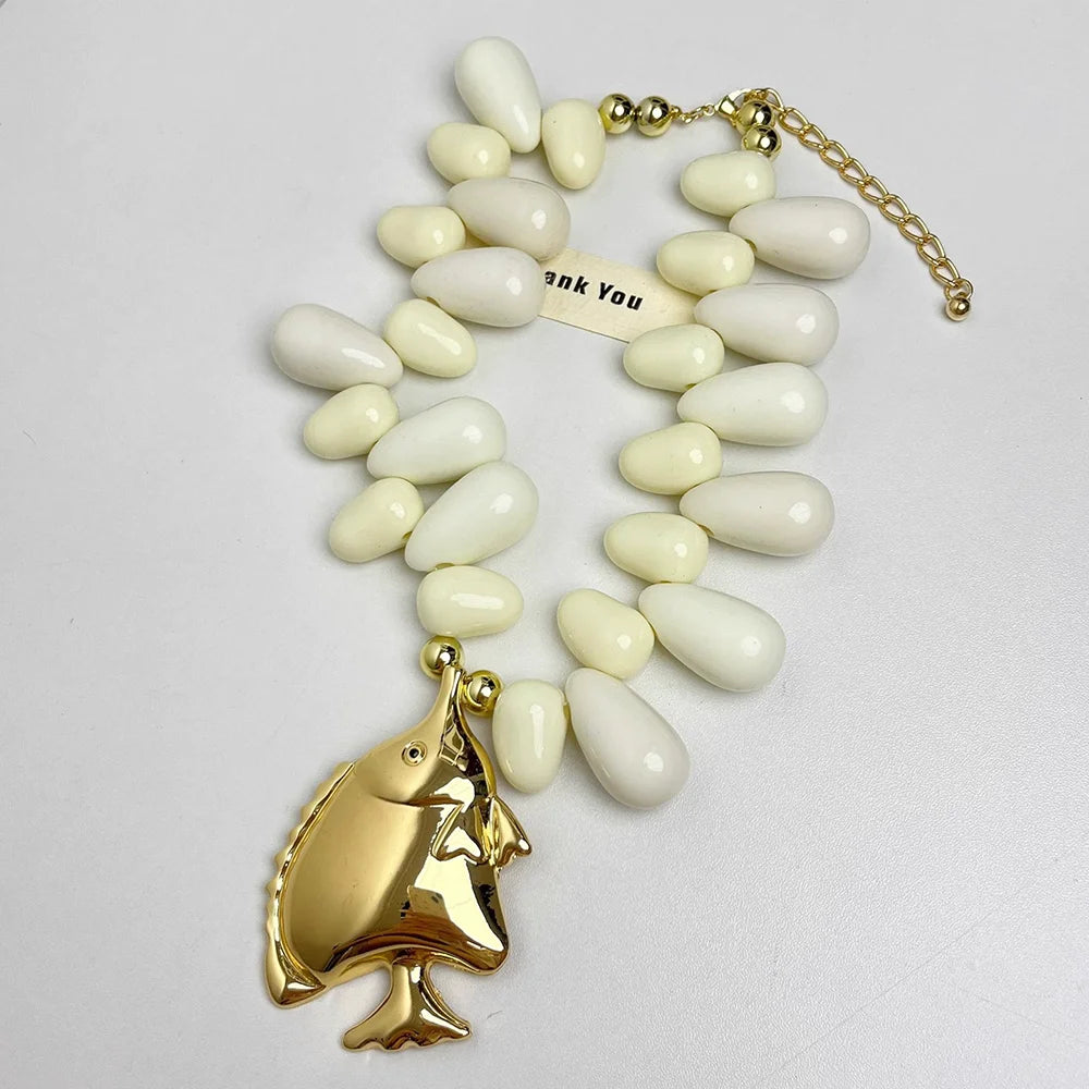 White Small Fish Pendant Beaded Necklace