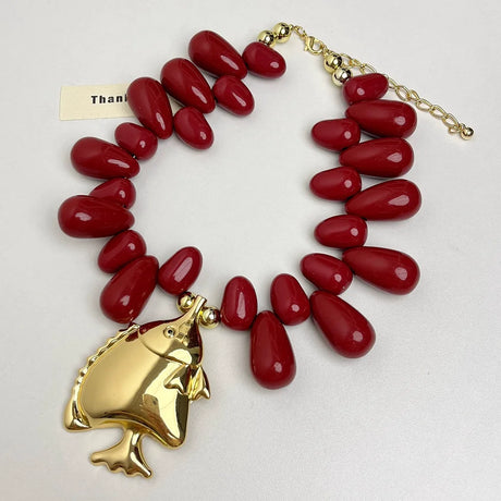 Red Small Fish Pendant Beaded Necklace