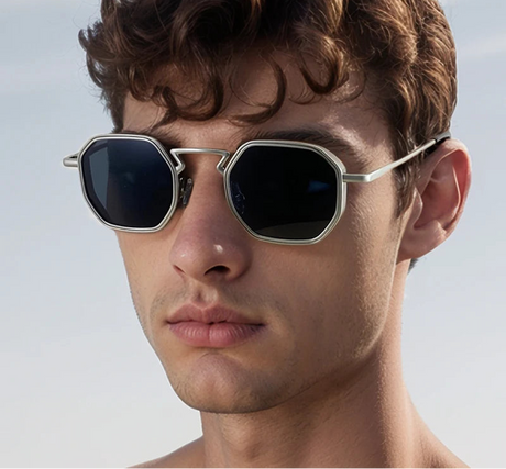 Model Using Small UV400 Polygon Metal Punk Sunglasses