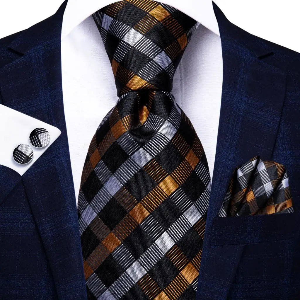tripes black gold white silk men tie