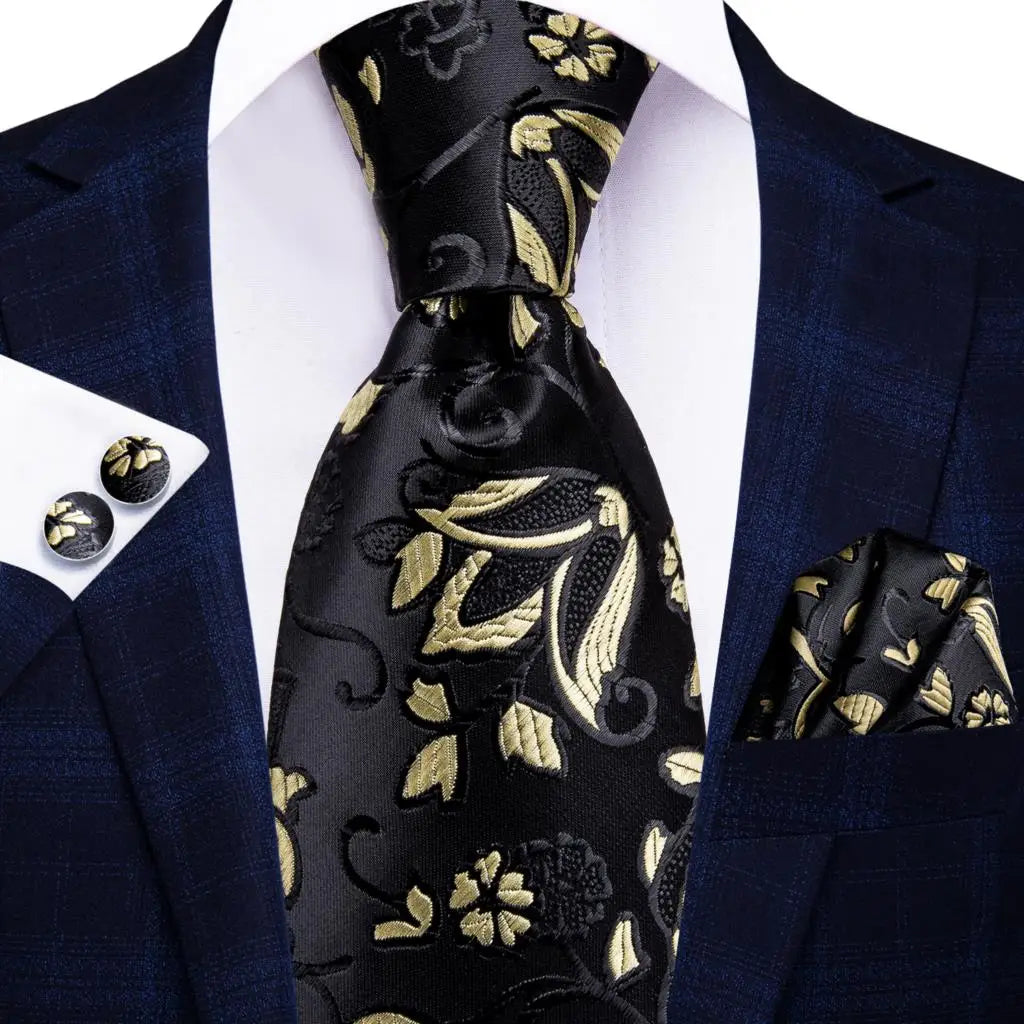 floral gold black silk men tie