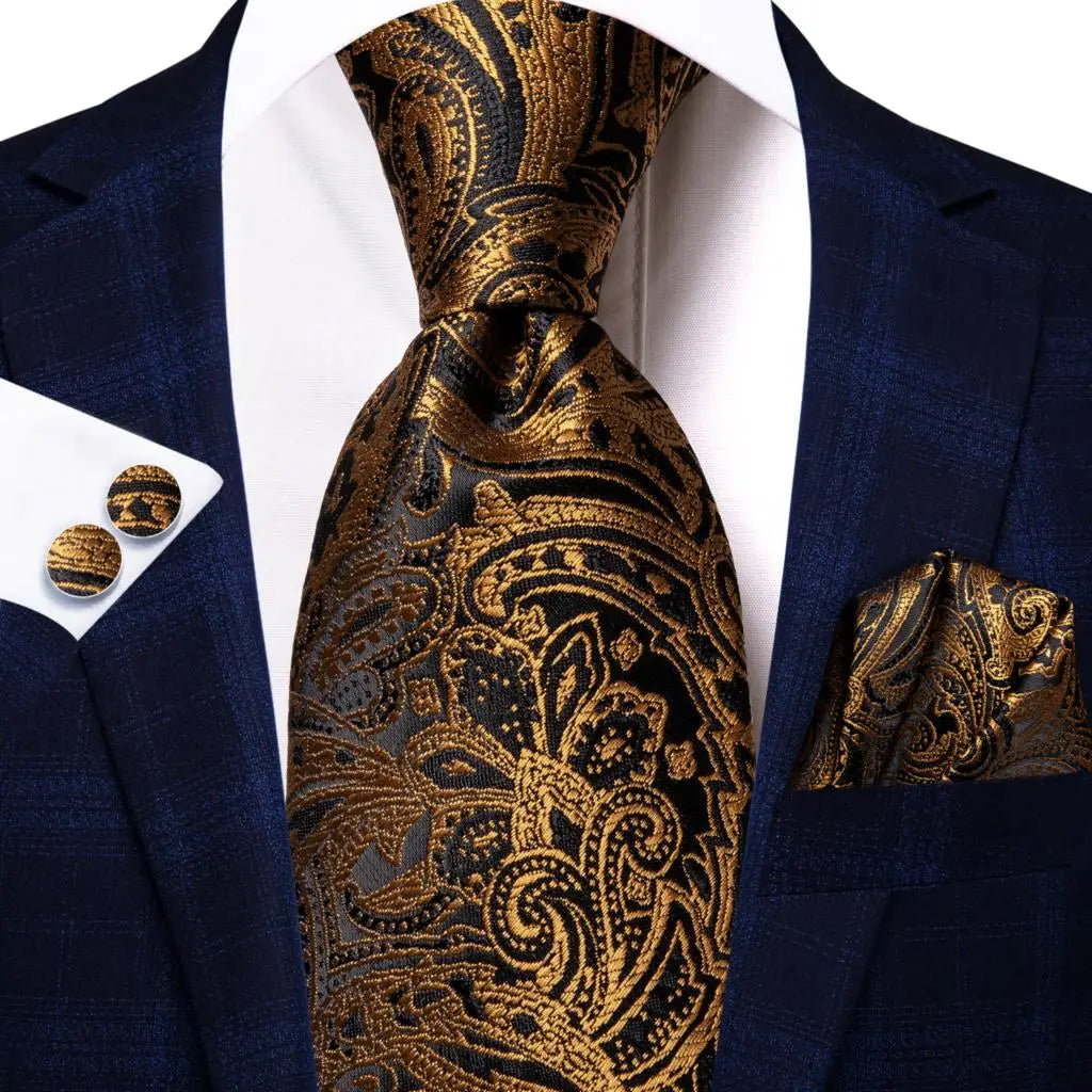 floral gold black silk men tie