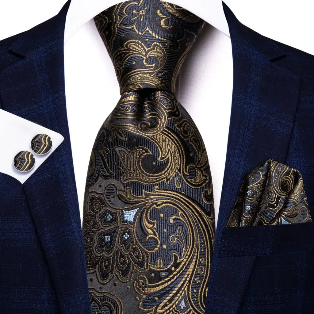 floral gold black silk men tie