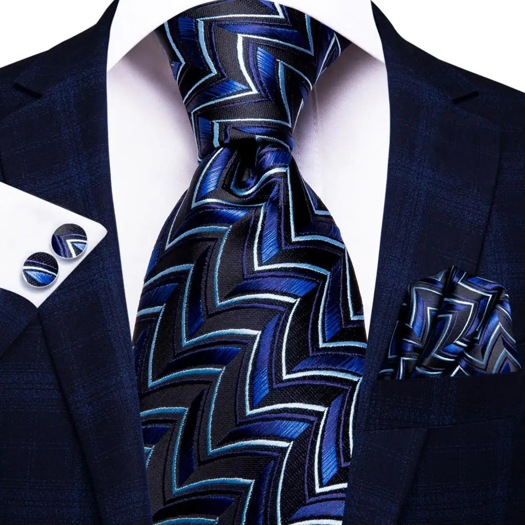 geometric black blue white design silk men tie