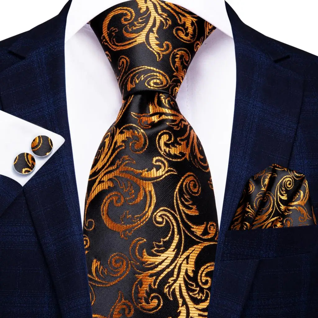 floral gold black silk men tie
