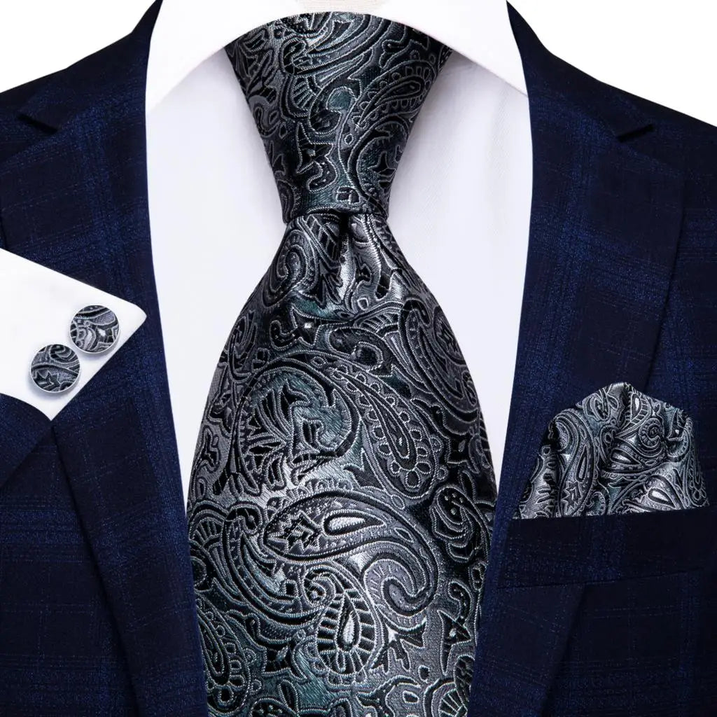 floral silver black silk men tie