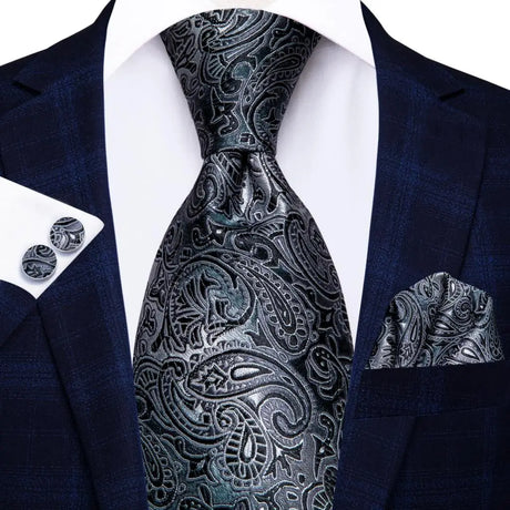 floral silver black silk men tie