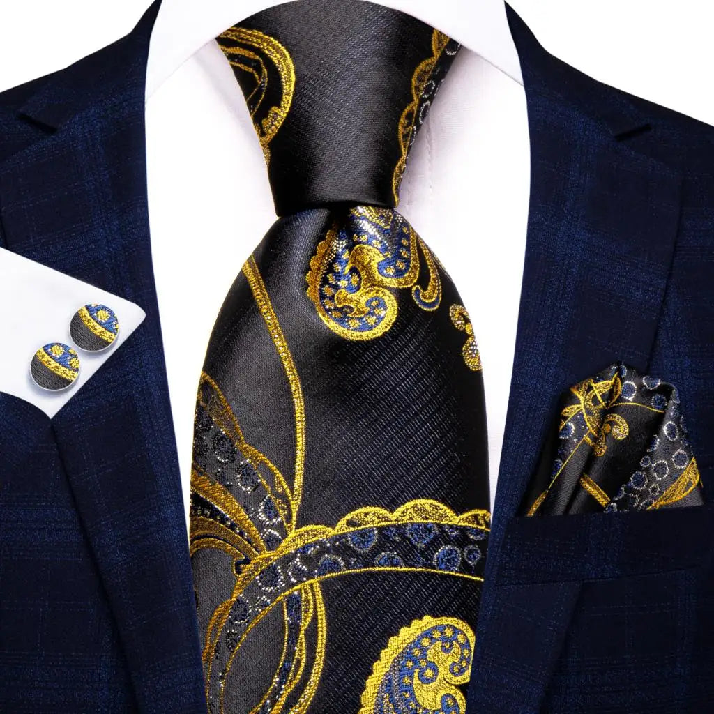 floral gold black design silk men tie