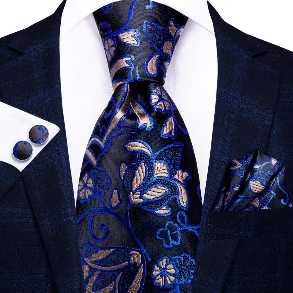 floral blue black silk men tie
