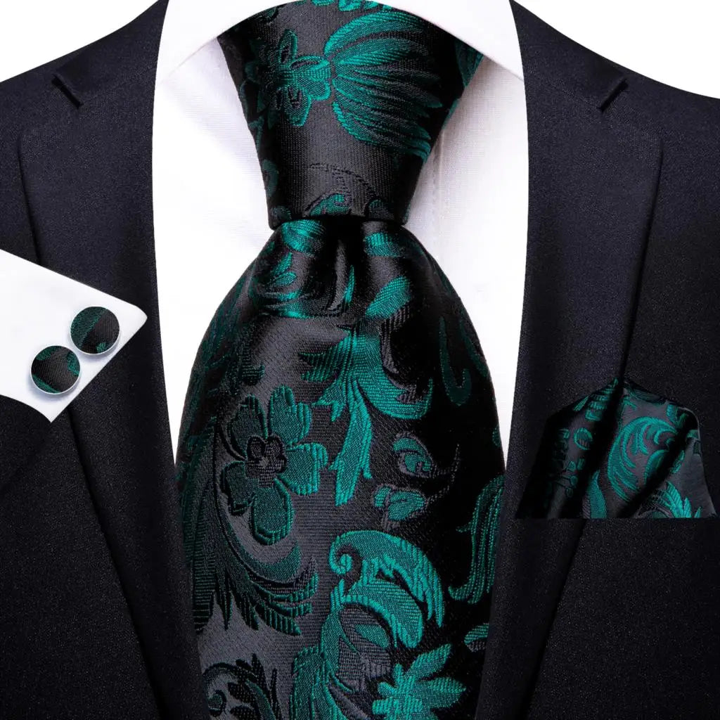 floral green black silk men tie