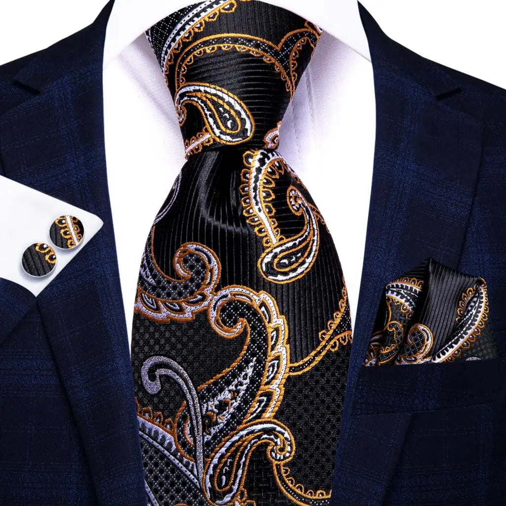 floral white gold black design silk men tie