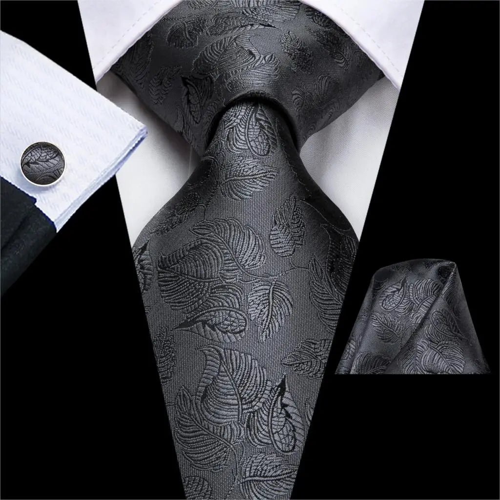leaves grey design silk men ties