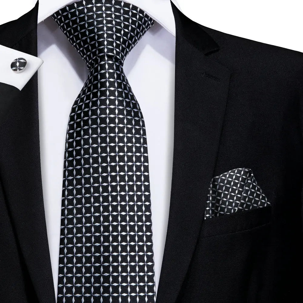 geometric black white silk men tie