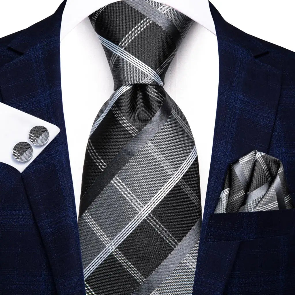 grey black white striped silk men tie