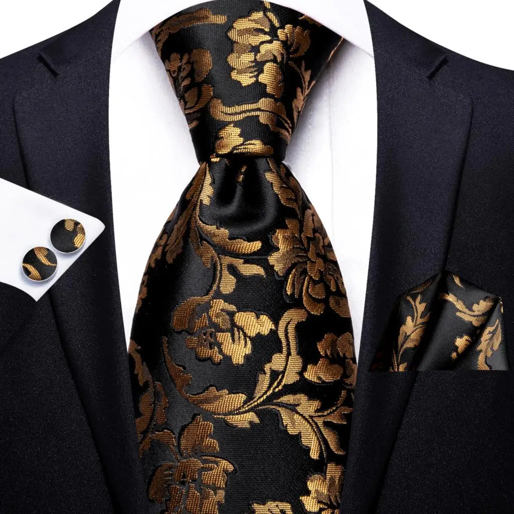 floral black gold silk men tie