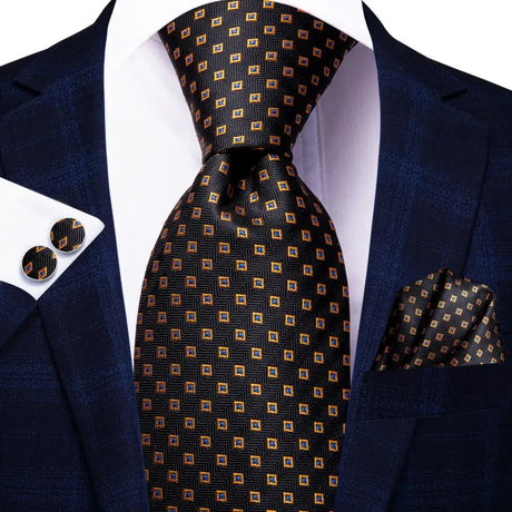 black gold square design silk men tie