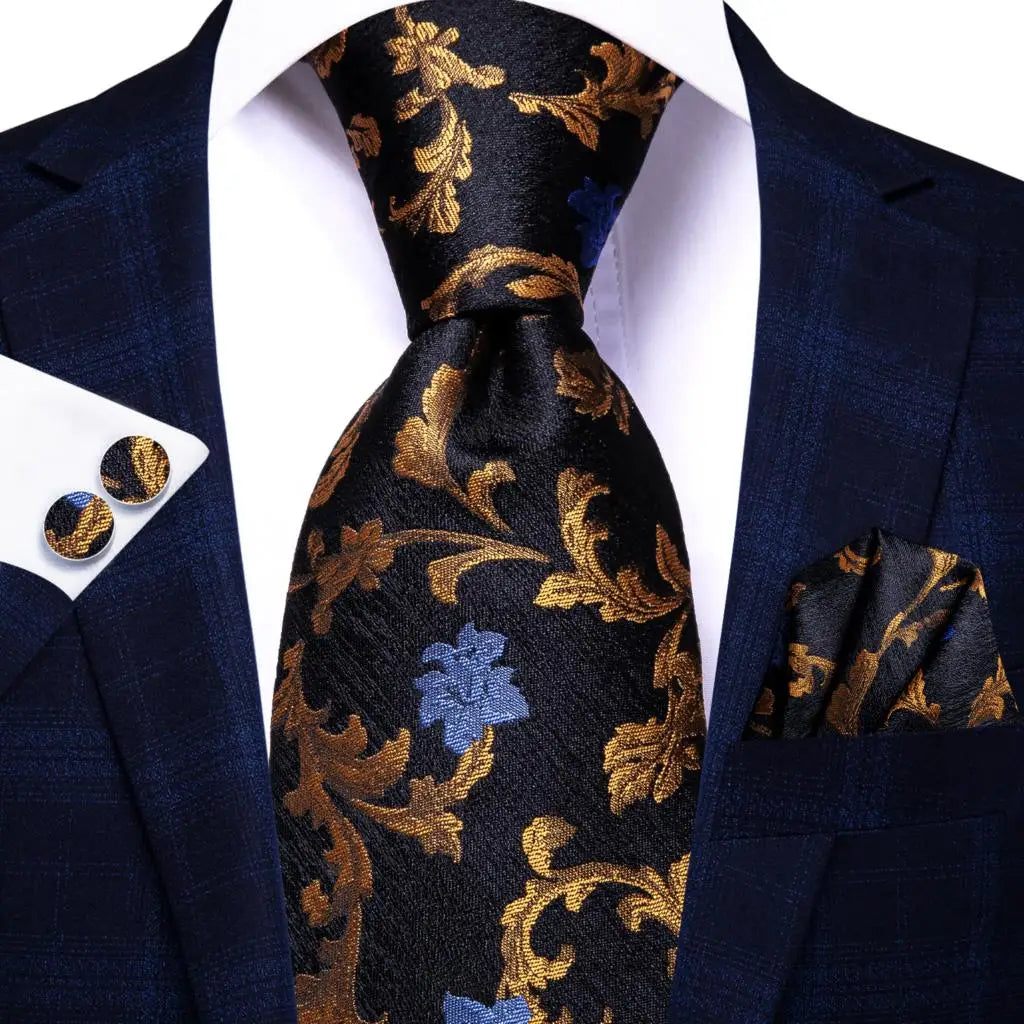 floral black gold blue silk men tie