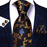 floral black gold blue silk men tie