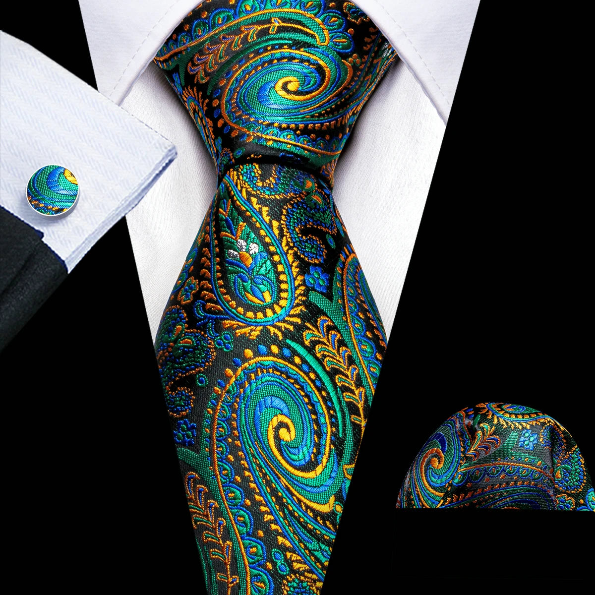 yellow green blue black flower pattern necktie set
