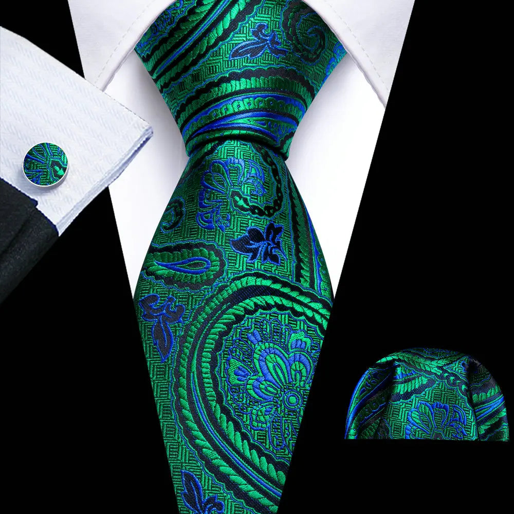 blue green flower pattern necktie set