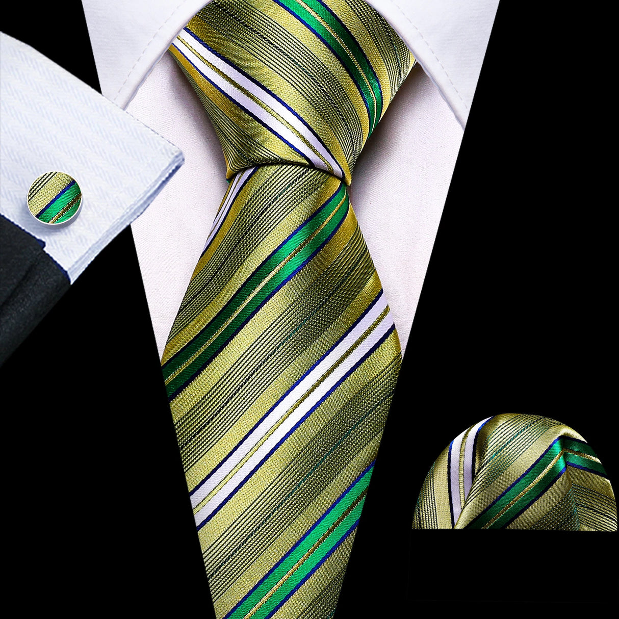 green gold black white lines pattern necktie set