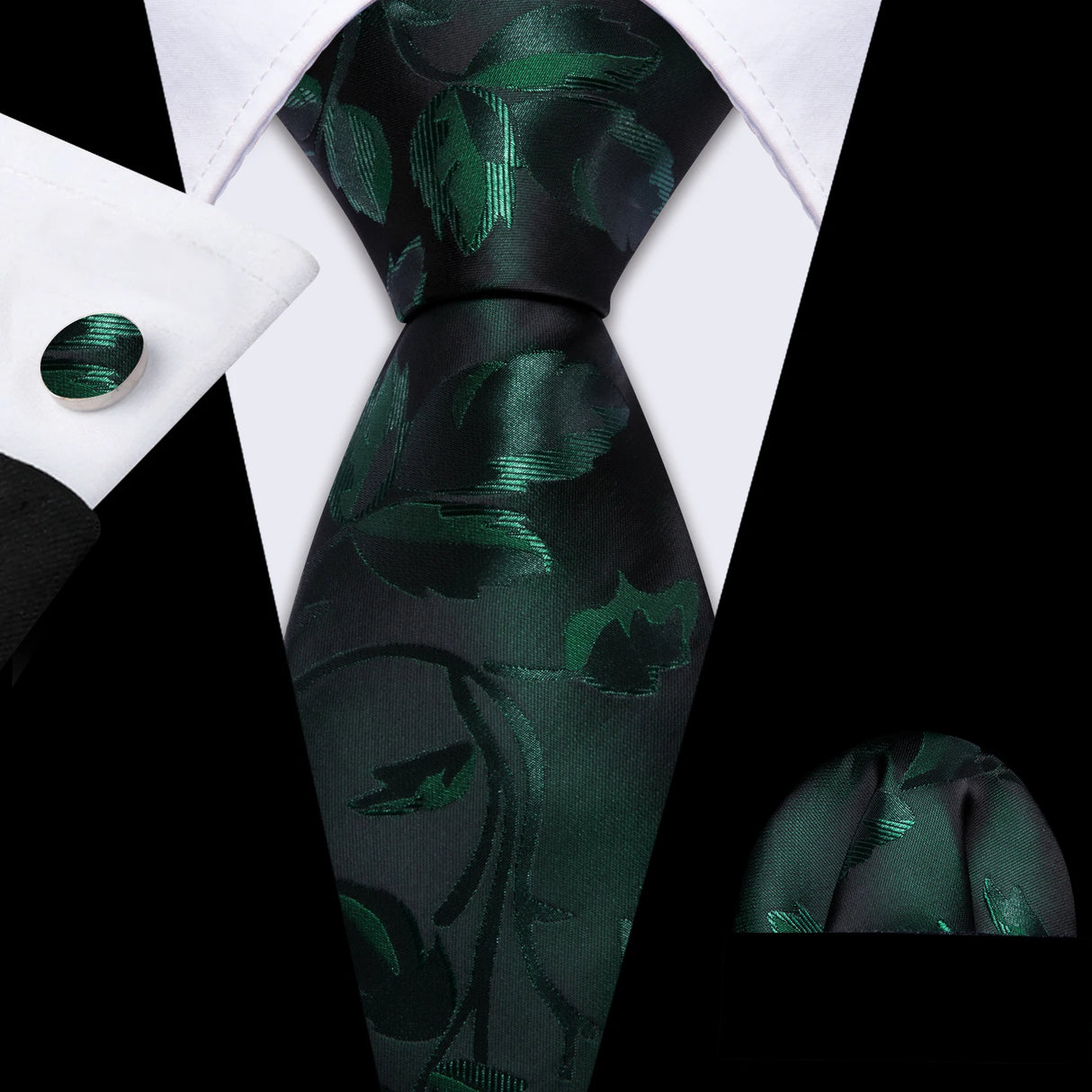 dark green leaves pattern necktie set